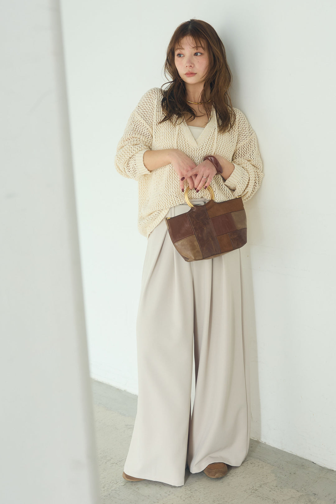 【即納】ミックスメッシュキーネックプルオーバー