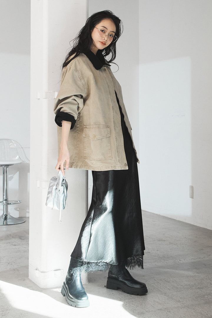 [SET]襟コーデュロイデザインデニム調カバーオール+裾レースデザインサテンスカート(2set)