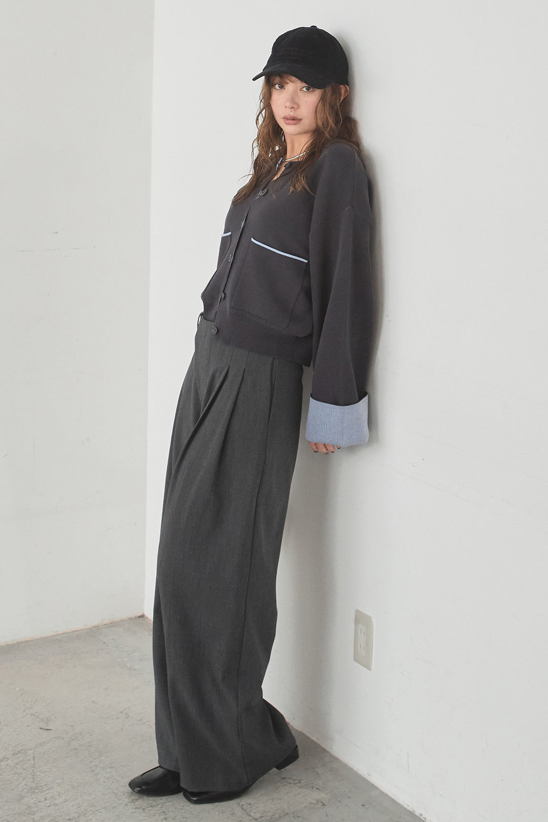 [SET]レーヨンポリダブルフェイスカーディガン+サイドベルトタック入りスラックス(2set)