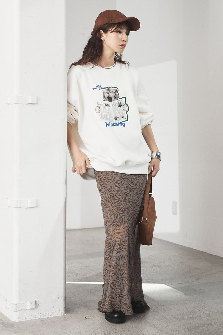 [SET]裏起毛モーニングキャットプリントスウェット+抽象柄ロングスカート(2set)