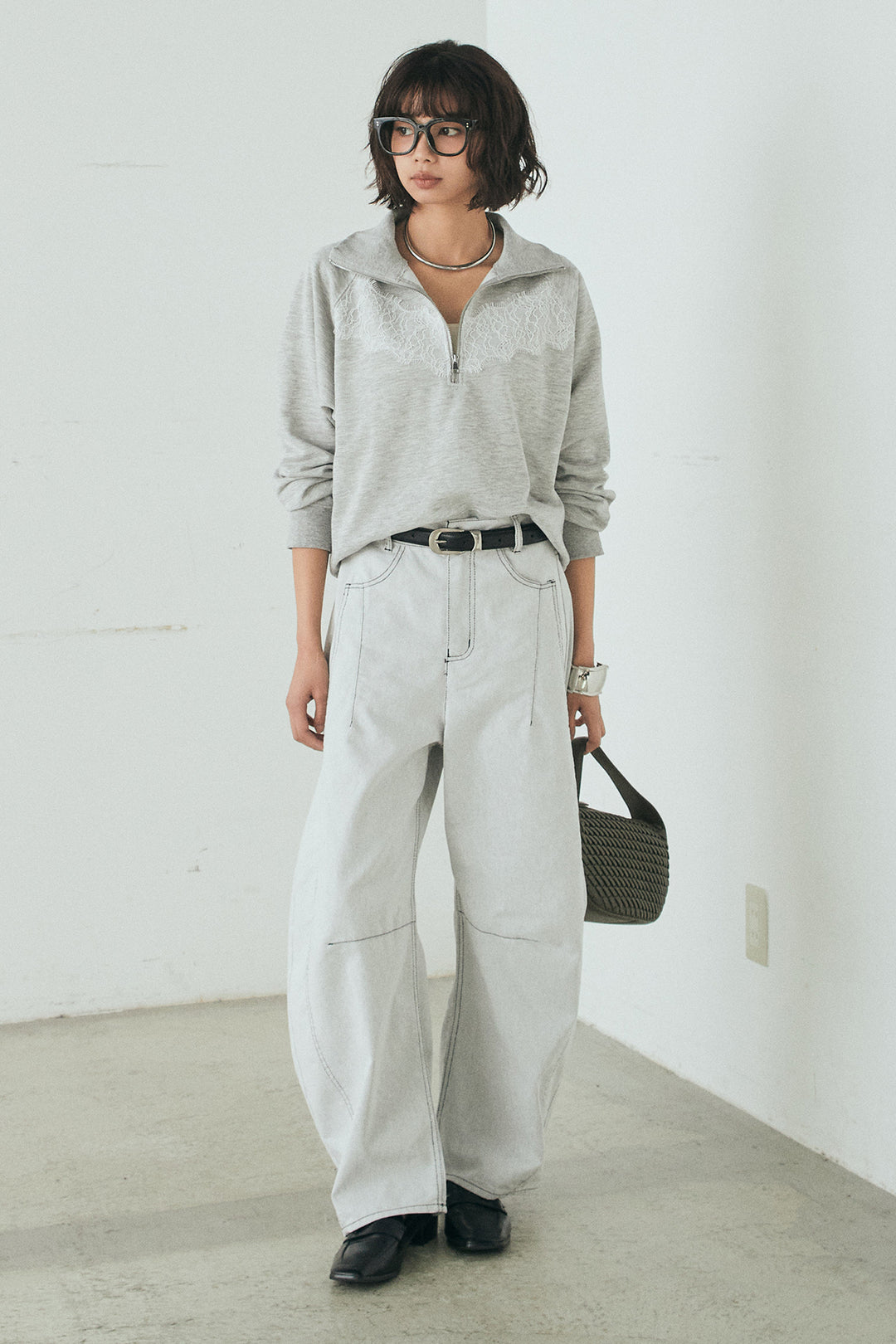 [SET]リバーレースハーフジップ裏毛スウェット+ツイル配色ステッチバレルパンツ(2set)