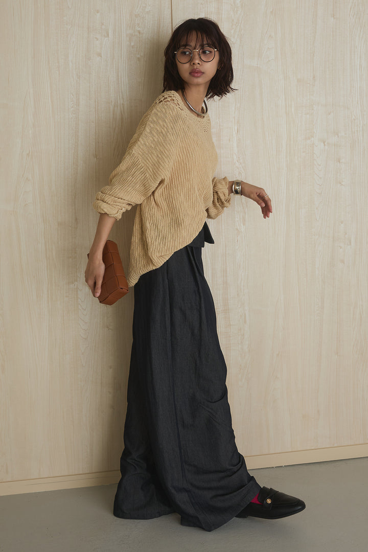 [SET]ネック編みデザインニットトップス+ウエスト折り返しワイドパンツ(2set)