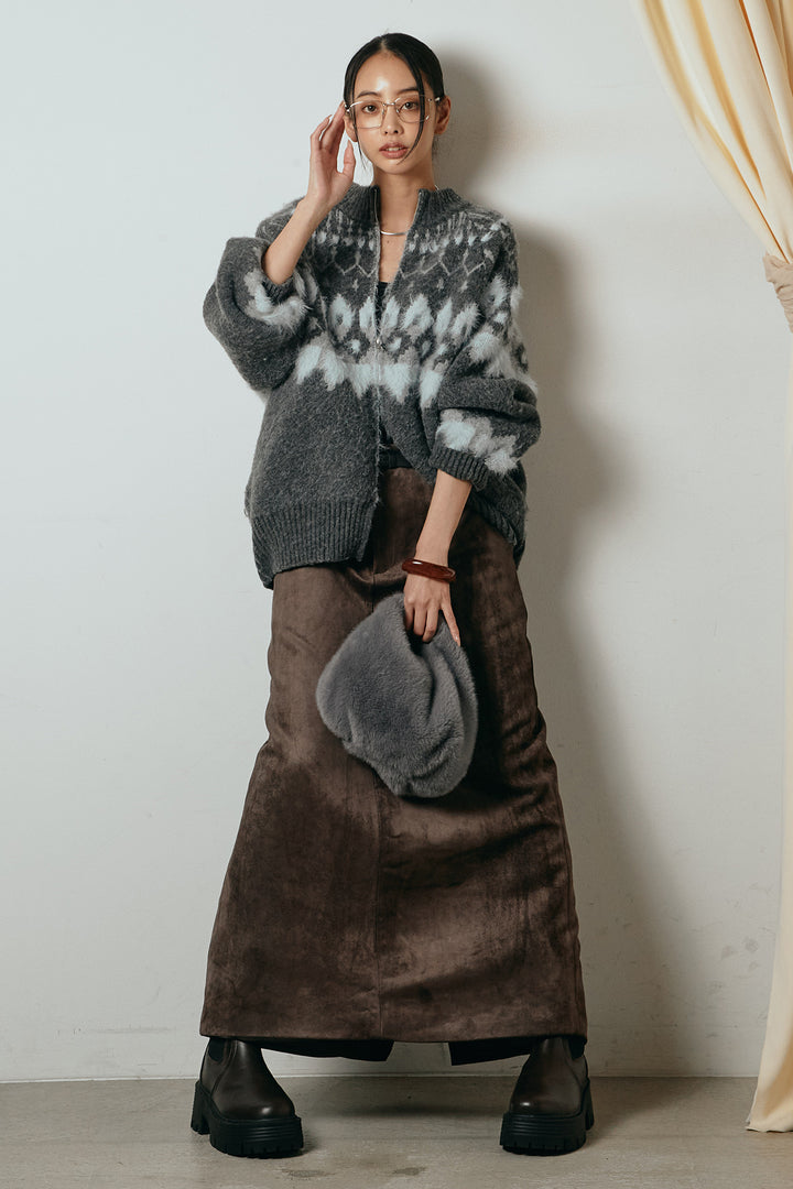 [SET]起毛ダブルジップパターンニットカーディガン+エコスウェードワイドスカート(2set)