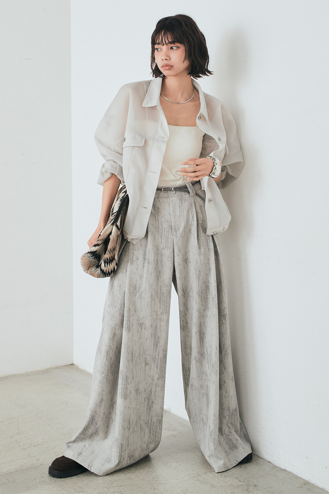 [SET]シアーダンボールサイドドロストジャケット+紐ベルト付きかすれ柄ワイドスラックス(2set)