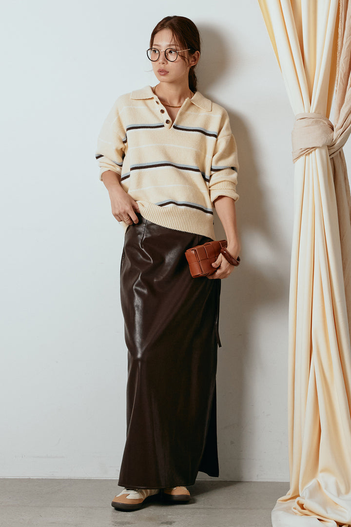 [SET]襟付きマルチボーダーニットポロトップス+紐付きフェイクレザーワイドスカート(2set)