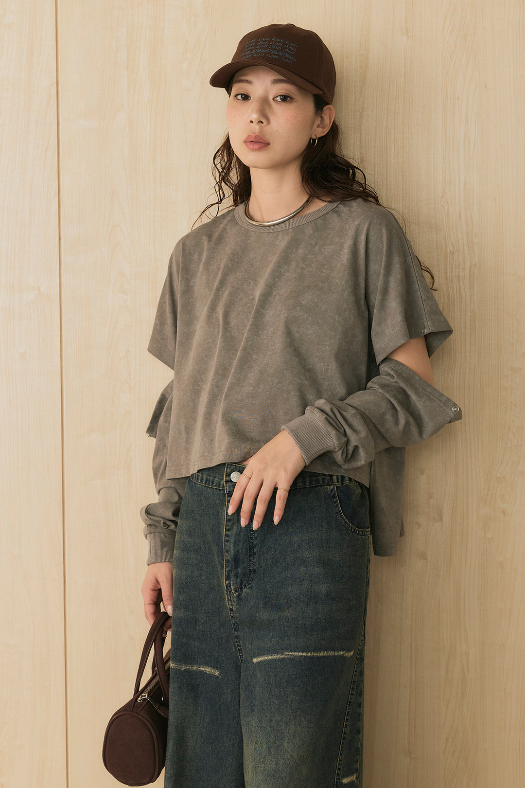 [SET]セパレートフェードTシャツ+ランダムダメージデニムワイドパンツ(2set)