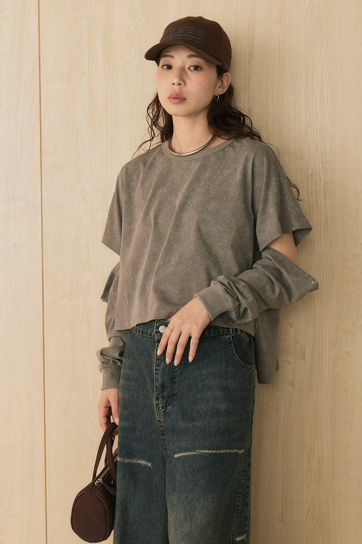 [SET]セパレートフェードTシャツ+ランダムダメージデニムワイドパンツ(2set)