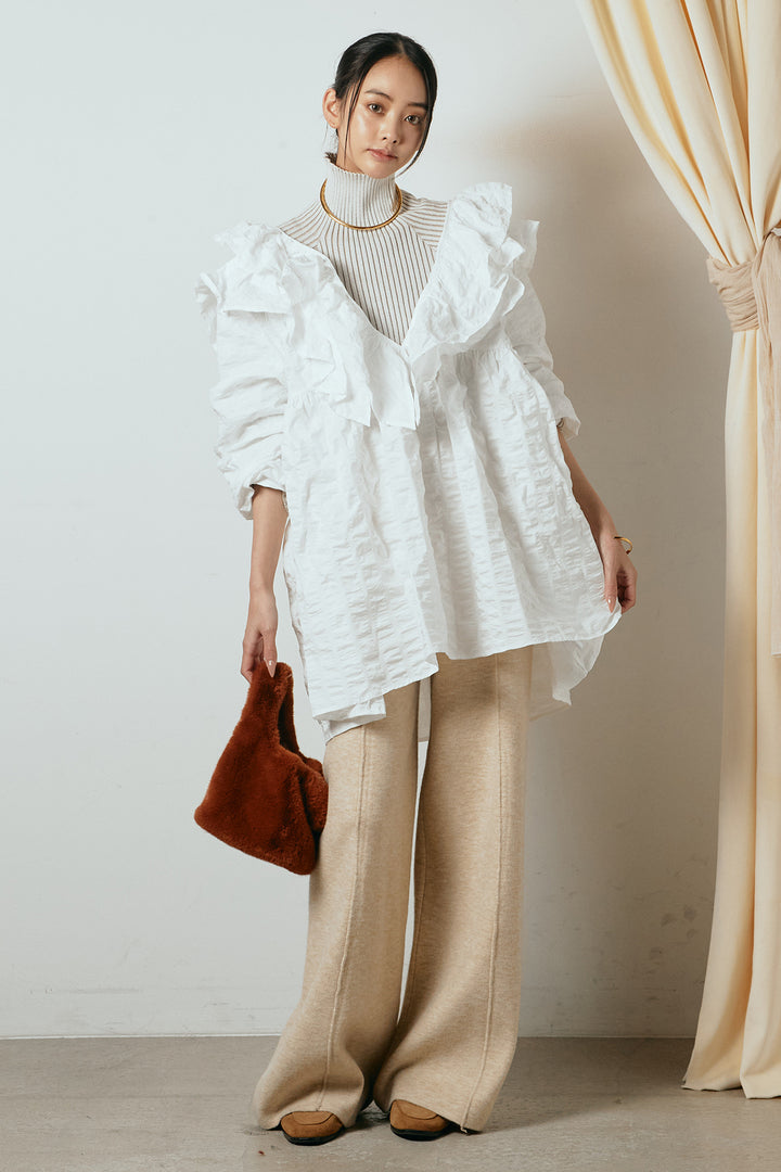 [SET]Vネックフリルカラーブラウス+リブニットシームレスタートルプルオーバー+センターラインニットパンツ(3set)