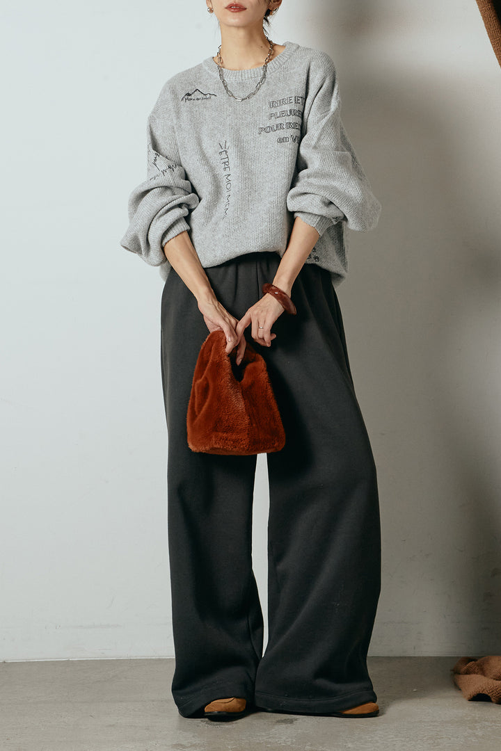 [SET]刺繍ロゴランダムデザインニットトップス+裏起毛スウェットワイドパンツ(2set)