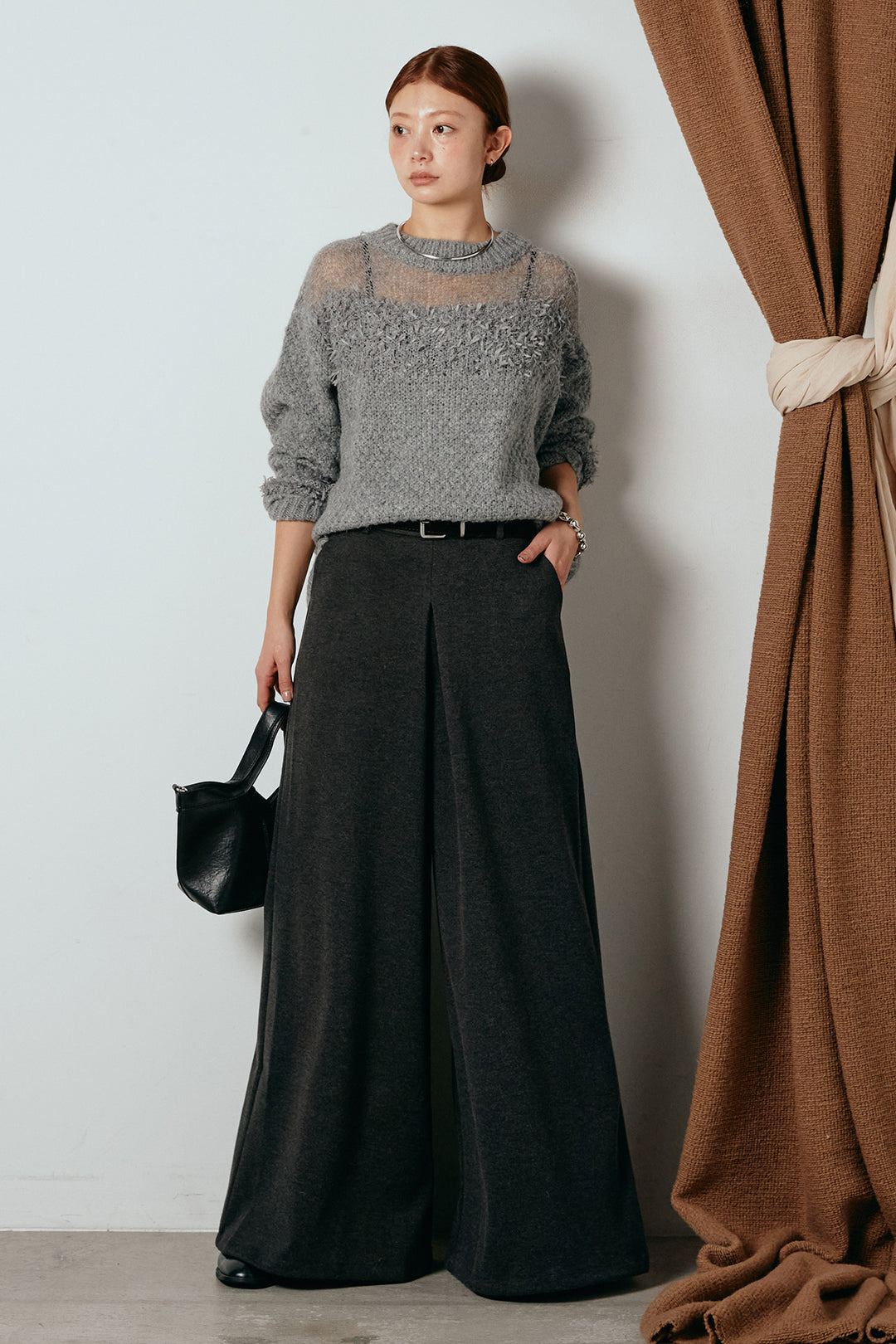 [SET]パターンランダム編みニットトップス+ベルト付きフロントタックデザインパンツ(2set)