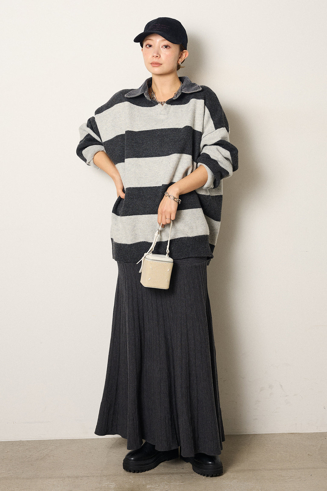 [SET]デニムカラーボーダールーズニット+編み地切り替えフレアニットスカート(2set)