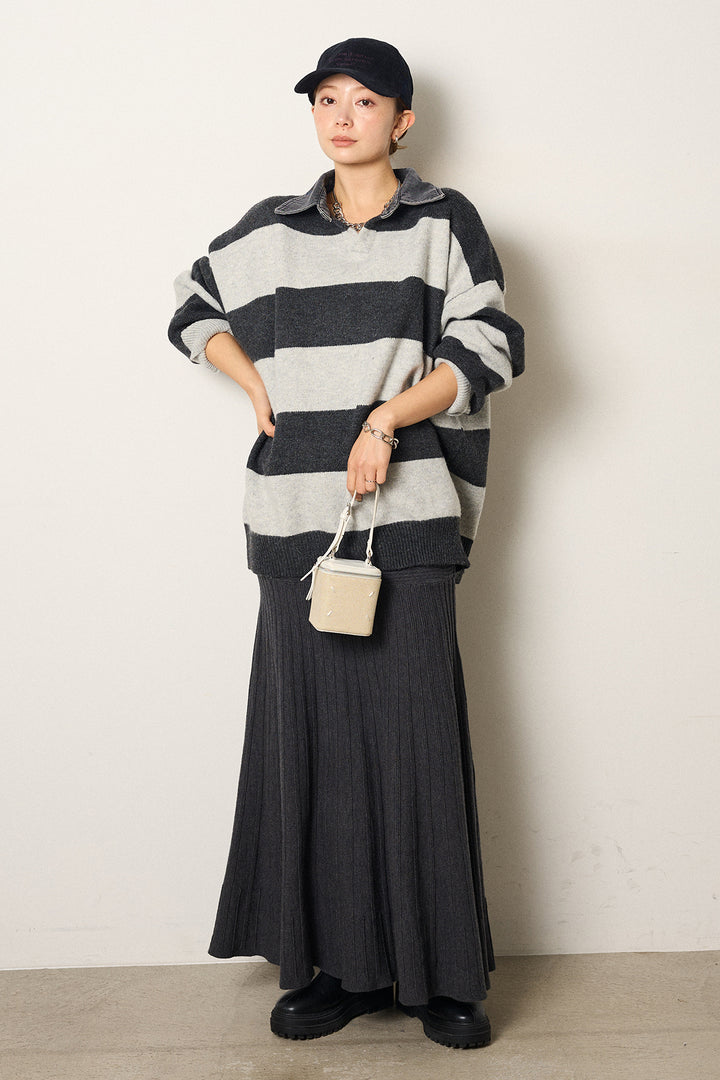 [SET]デニムカラーボーダールーズニット+編み地切り替えフレアニットスカート(2set)