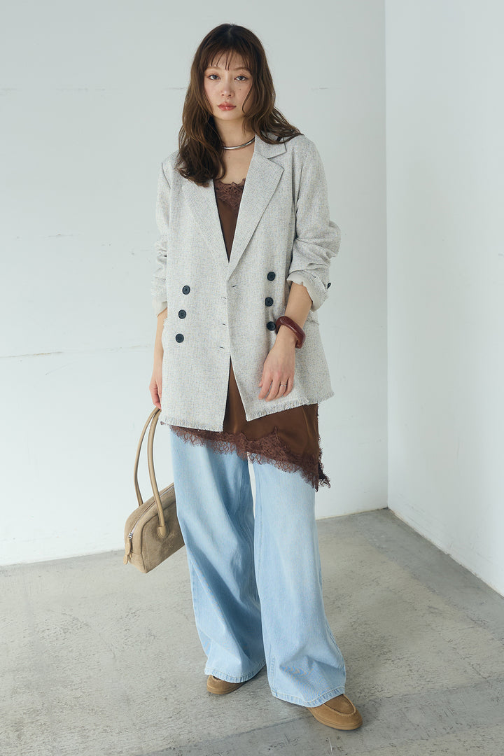 [SET]スラブネップツイードフリンジテーラードジャケット+ウエスト裁ち切りデニムワイドパンツ(2set)