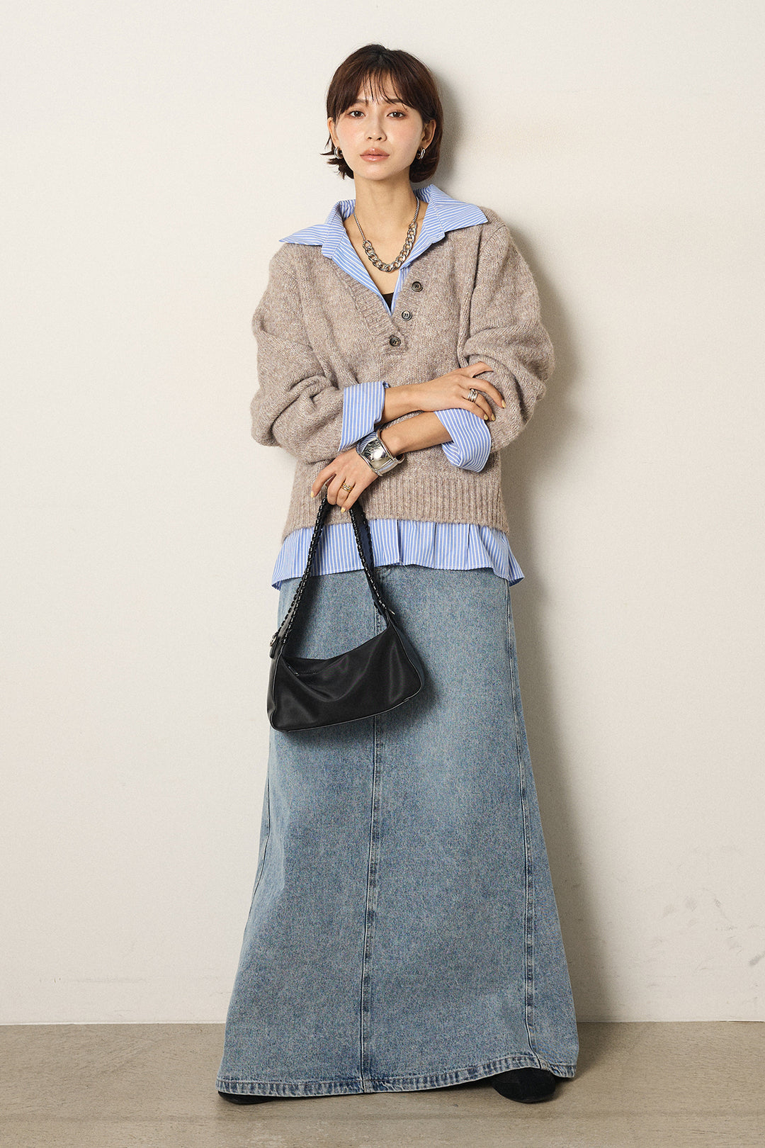 [SET]ストライプシャツドッキングニットポロトップス+デニムロングフレアスカート(2set)