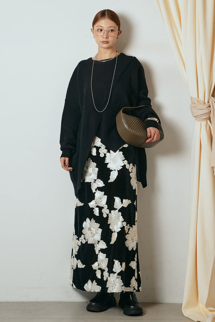 [SET]アシンメトリーデザインニットトップス+フラワー刺繍ワイドスカート(2set)