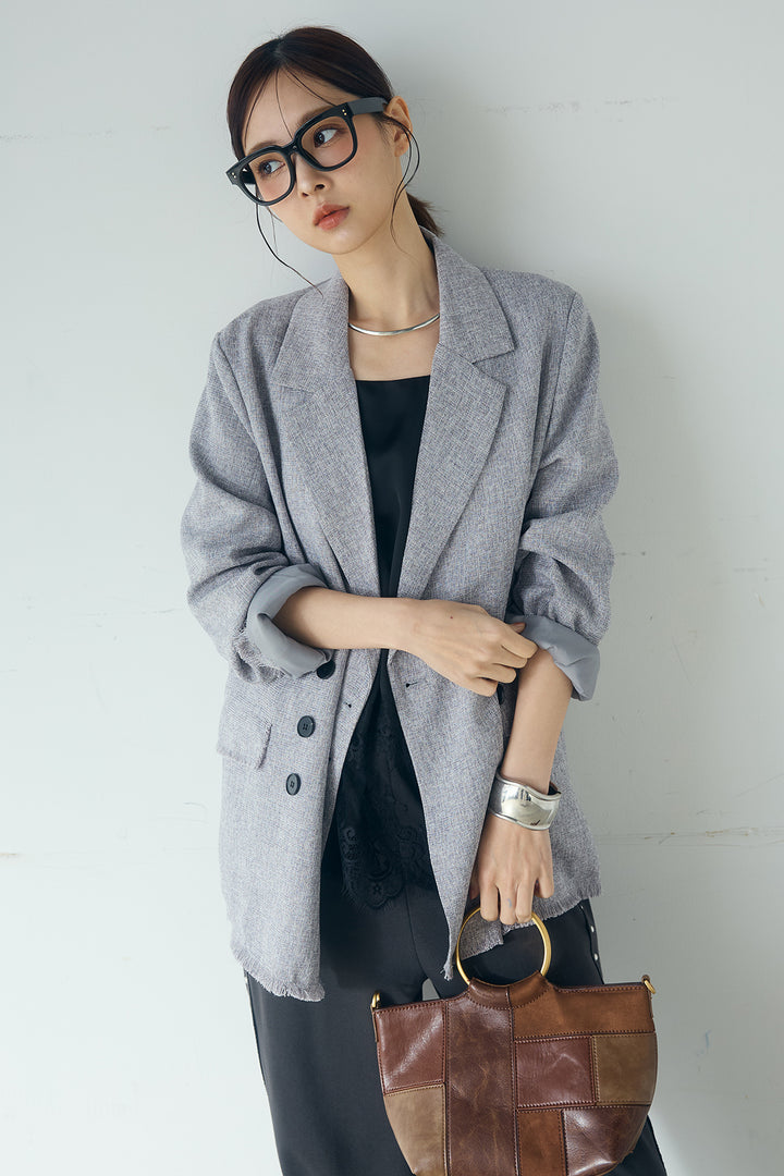 [SET]スラブネップツイードフリンジテーラードジャケット+サイドデザイン入りスウェットパンツ+裾レースキャミソール(3set)