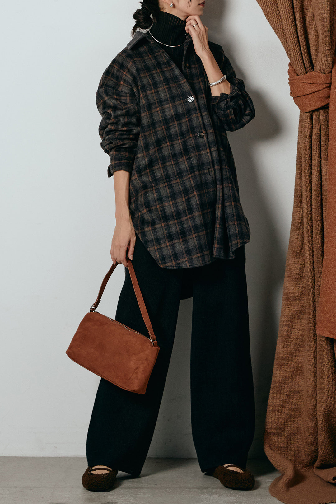 [SET]シャギーチェックシャツジャケット+ワイドリブニットイージーパンツ+リブニットシームレスタートルプルオーバー(3set)