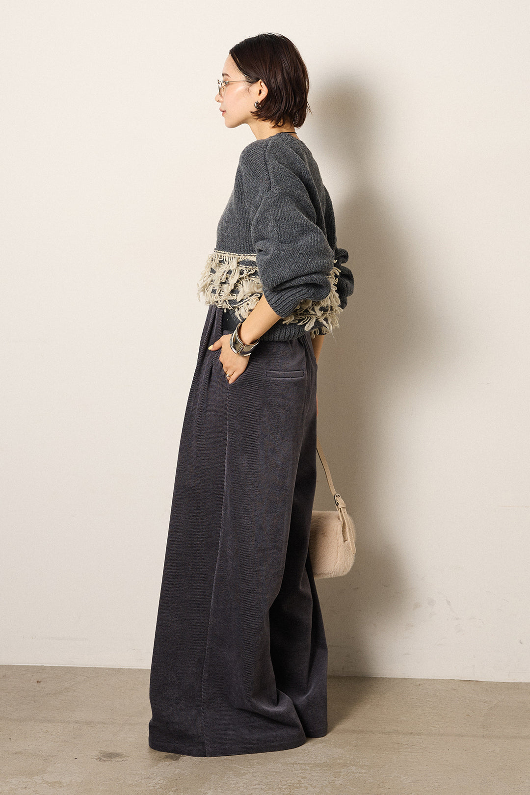 [SET]ループ編み切り替えニットプルオーバー+ベルトループコーデュロイワイドパンツ(2set)