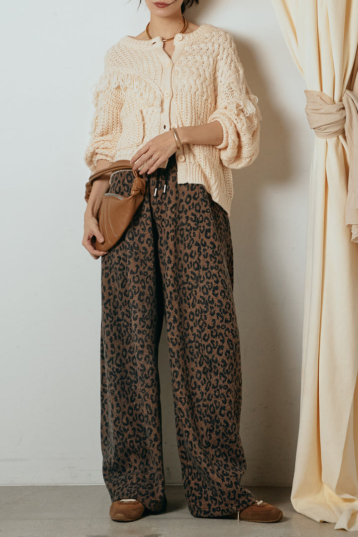 [SET]ランダムフリンジニットカーディガン+リラックスレオパード柄ワイドパンツ(2set)