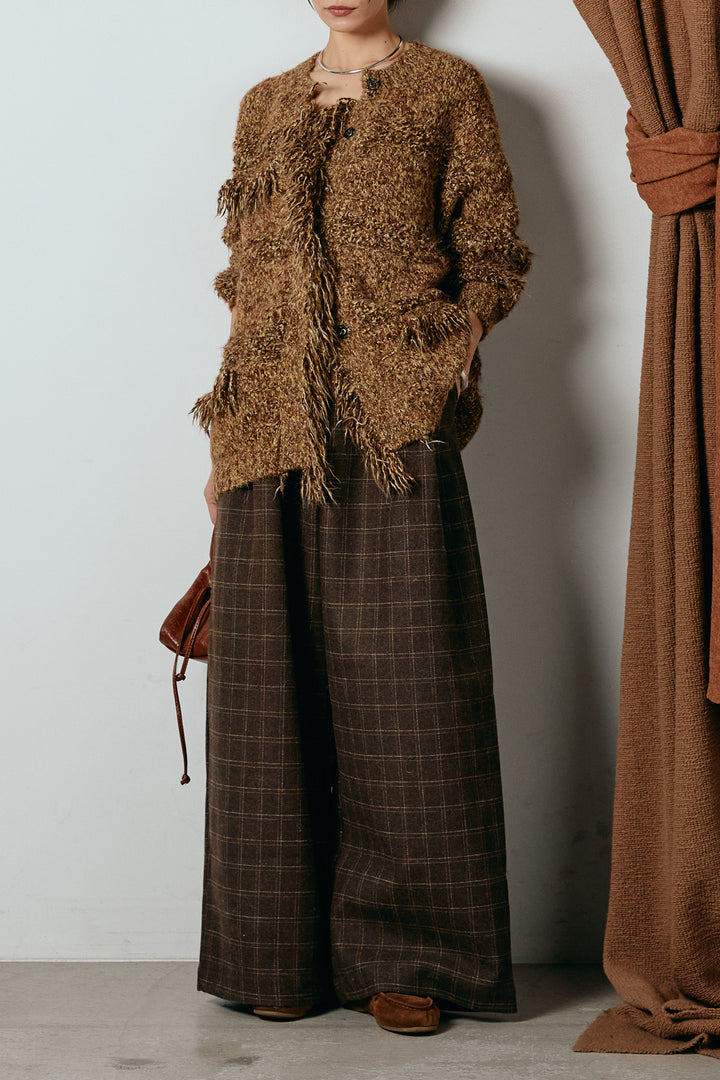 [SET]フリンジニットカーディガン+ウールライクチェックタックパンツ(2set)