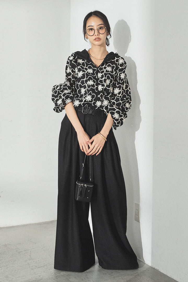 [SET]シアーフラワーフードブルゾン+編みベルト付きウエストタックワイドパンツ(2set)