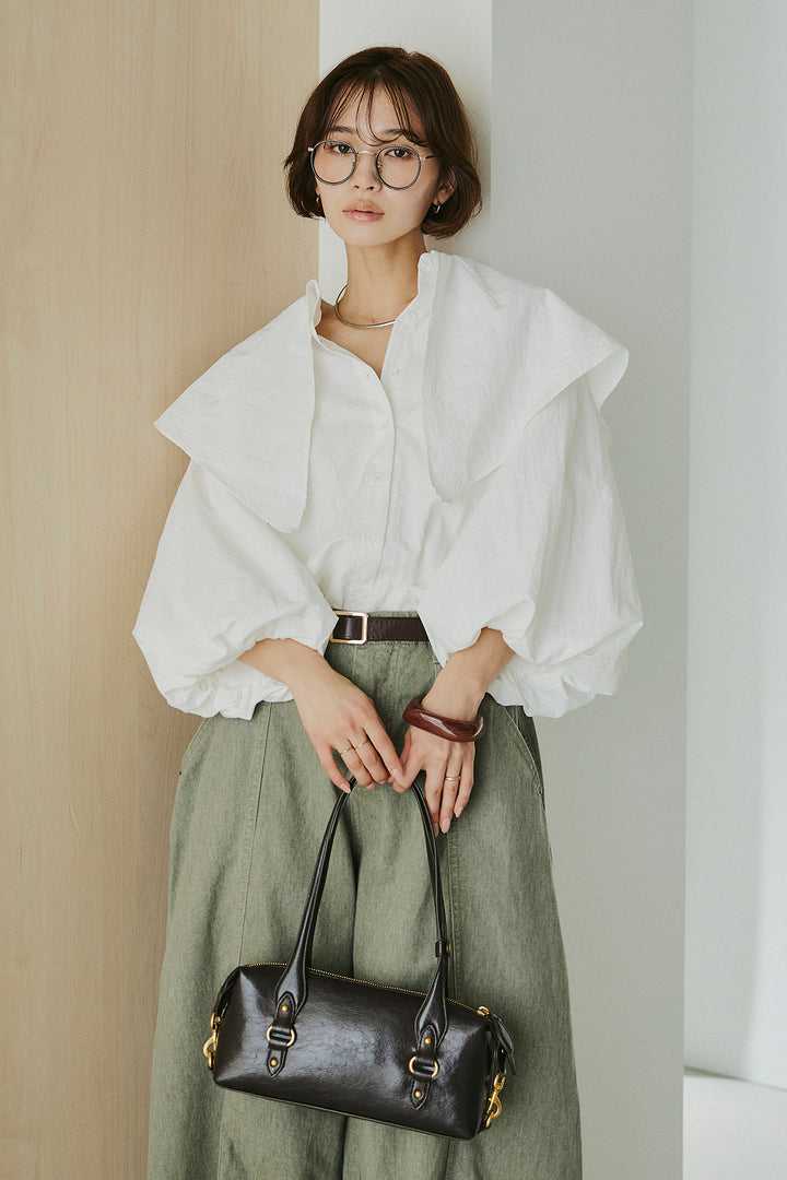 [SET]ケープカラーナイロンブラウス+サイドベルトカーブワイドパンツ(2set)