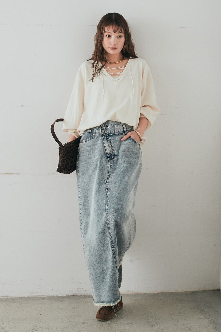 [SET]レースアップワッフルボーダートップス+ウエストクロスデニムタイトスカート(2set)