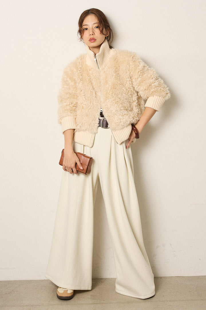 [SET]ハイネックボアブルゾン+フェイクレザー太ベルト付きタックワイドパンツ(2set)