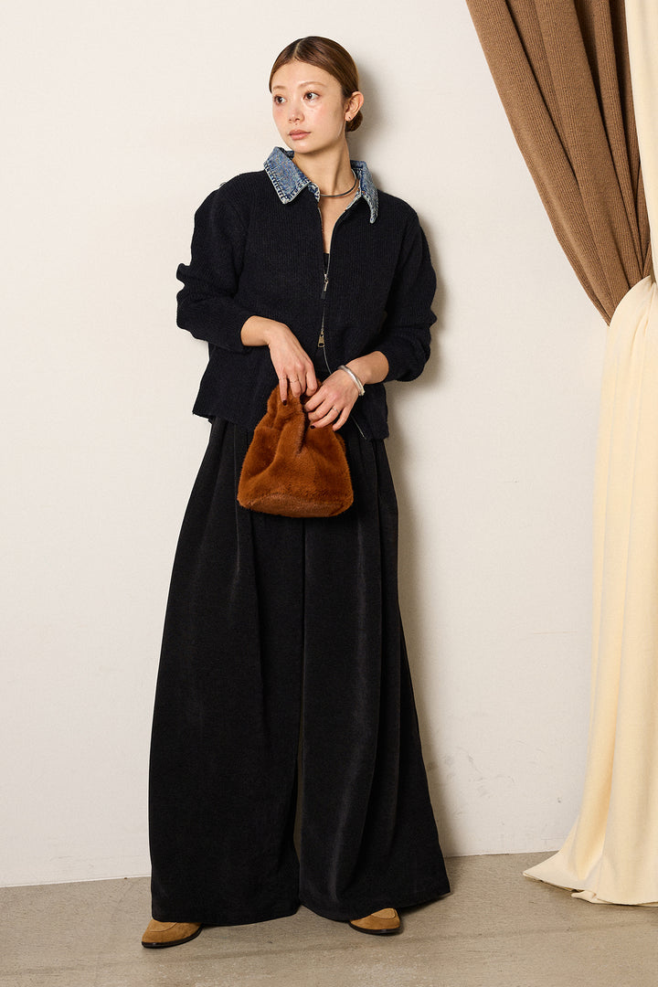 [SET]デニム襟ダブルジップニットトップス+ベルトループコーデュロイワイドパンツ(2set)