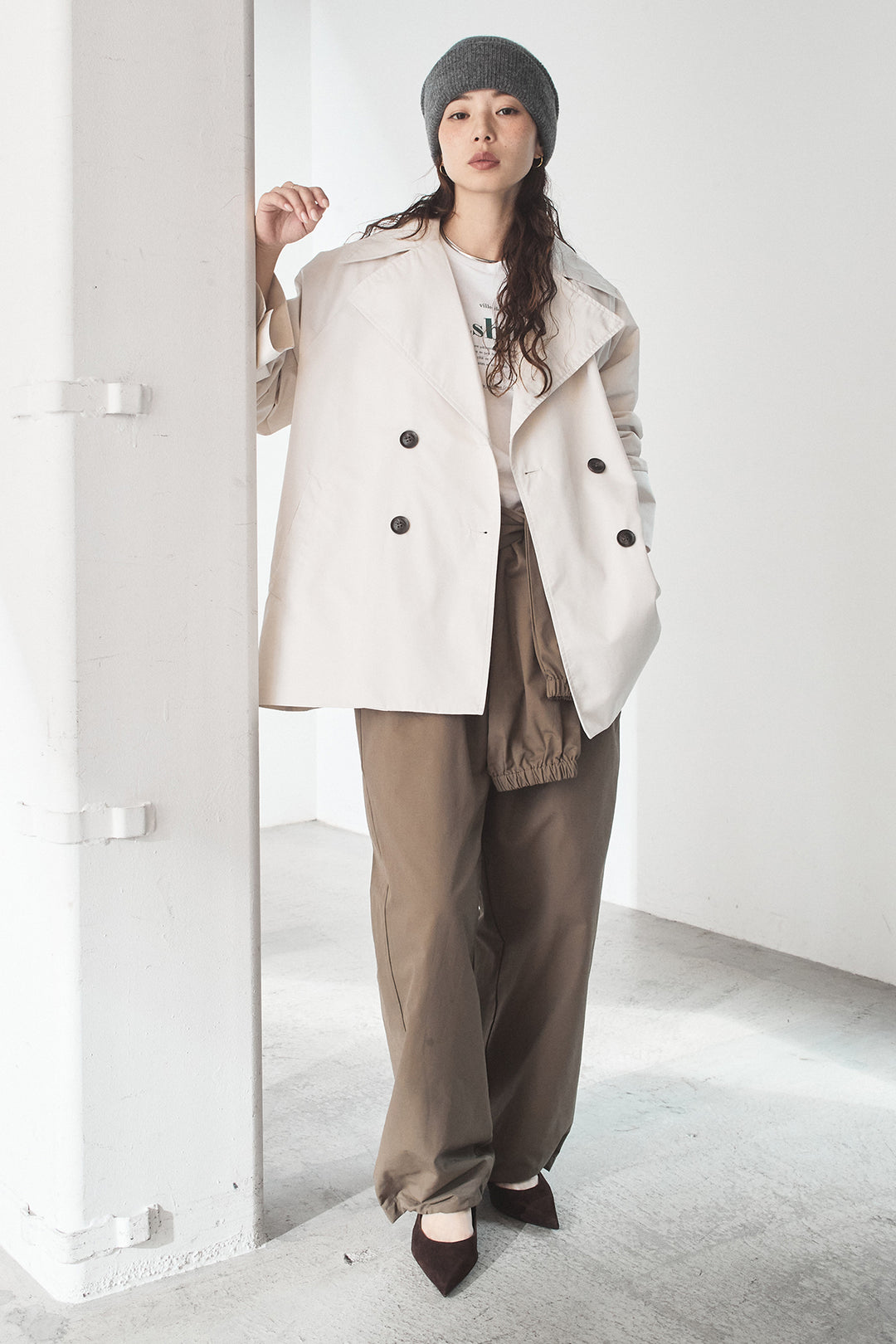 [SET]ナイロントレンチコート+合繊ツイルスタンドウエスト巻きジョガーパンツ(2set)