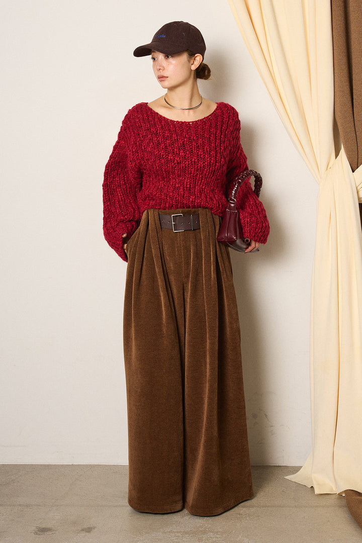 [SET]チャンキースラブニットクロップドプルオーバー+ベルトループコーデュロイワイドパンツ(2set)