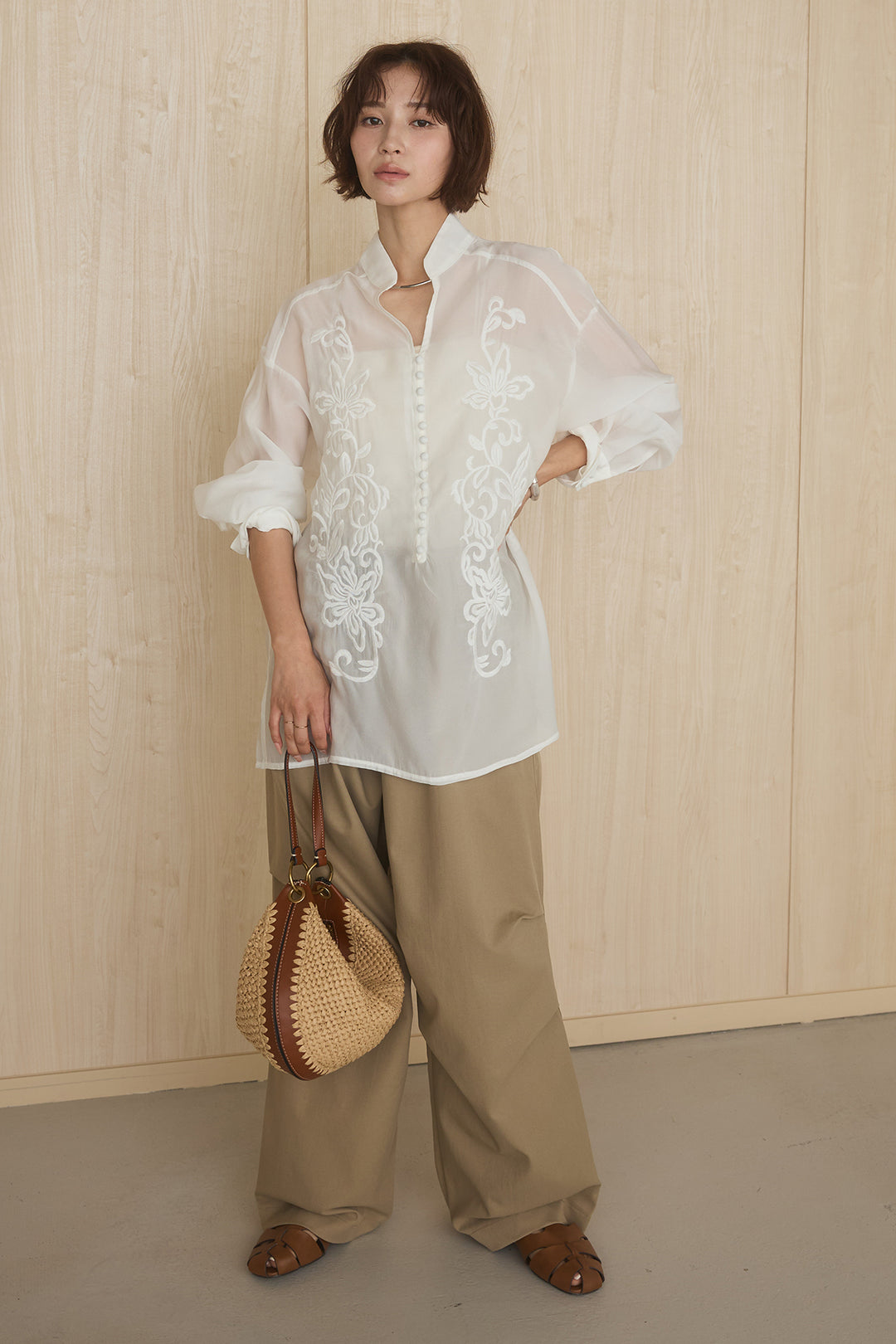 [SET]フロントボタンニュアンス柄ブラウス+ニーサイドタックウエストドロストパンツ(2set)