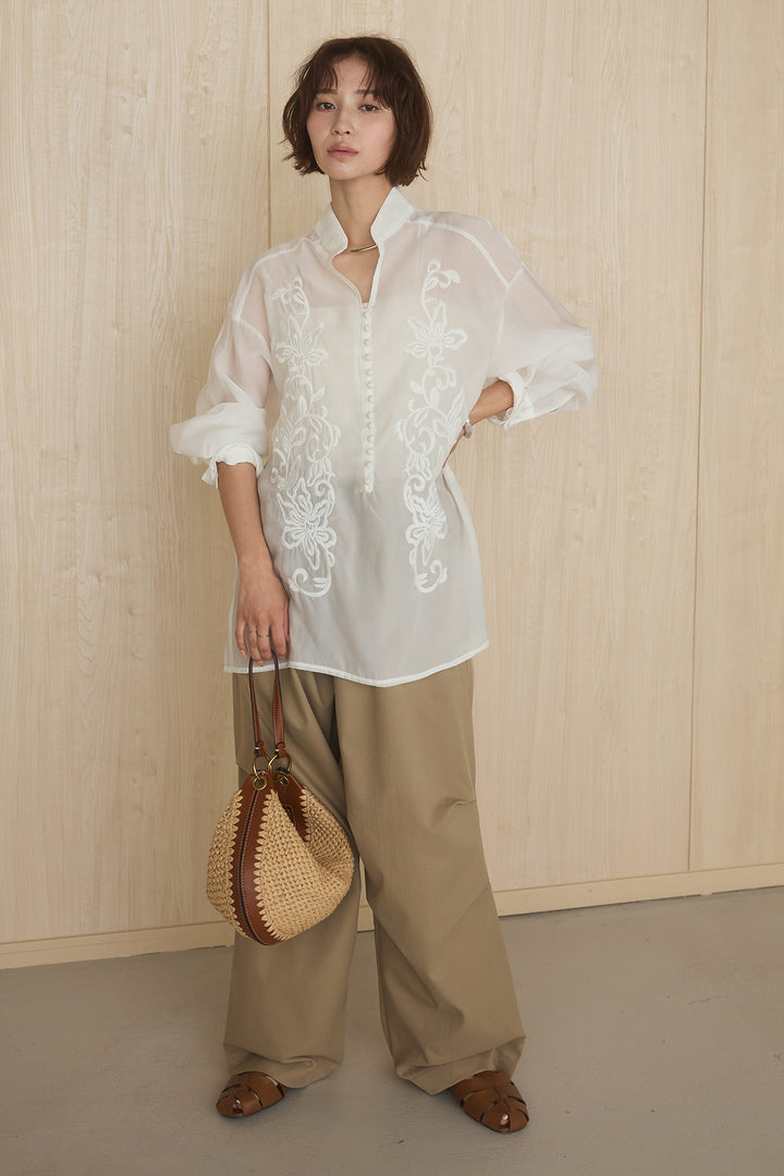 [SET]フロントボタンニュアンス柄ブラウス+ニーサイドタックウエストドロストパンツ(2set)