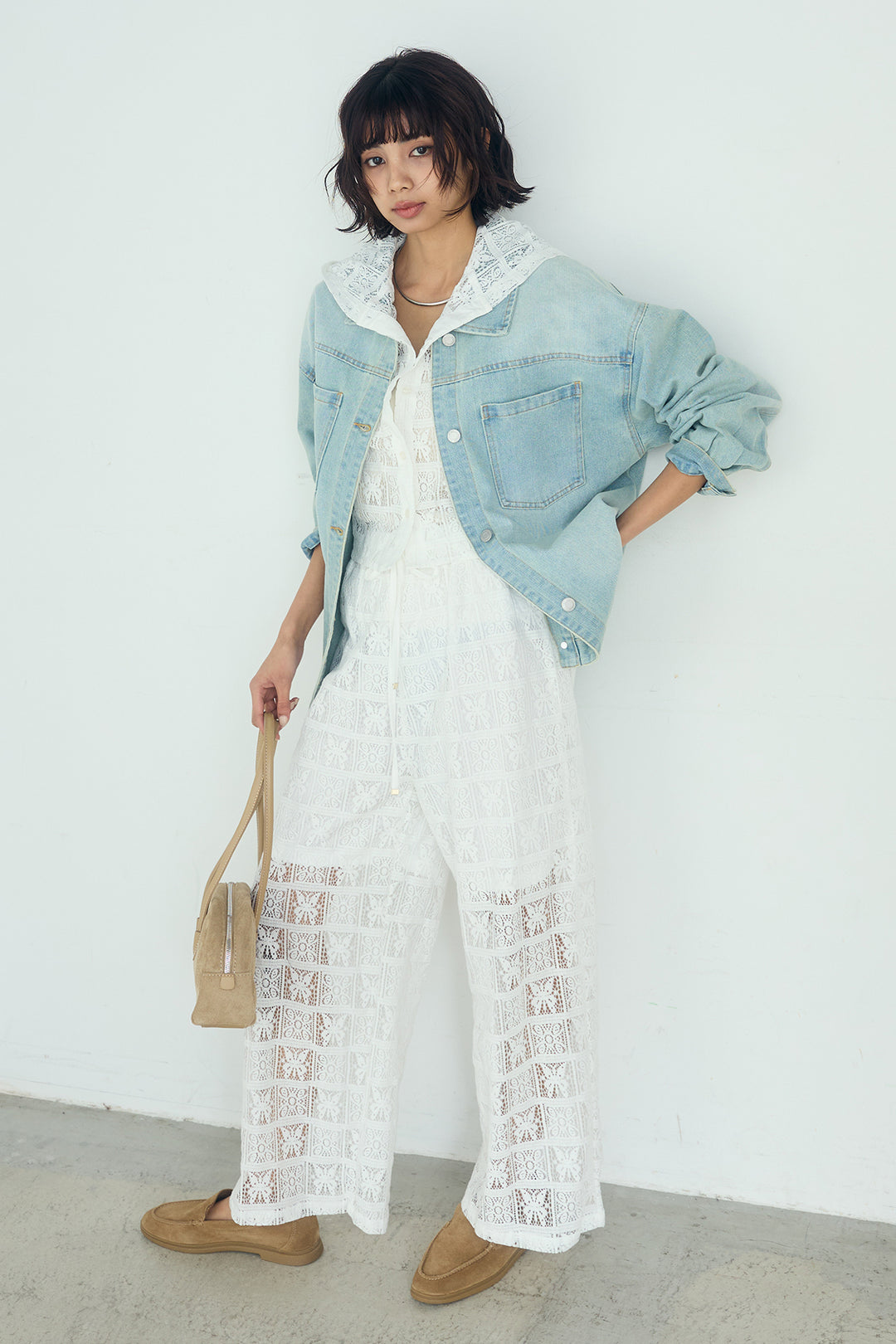 [SET]パッチワークレースショート丈フードシャツ+パッチワークレースイージーパンツ(2set)