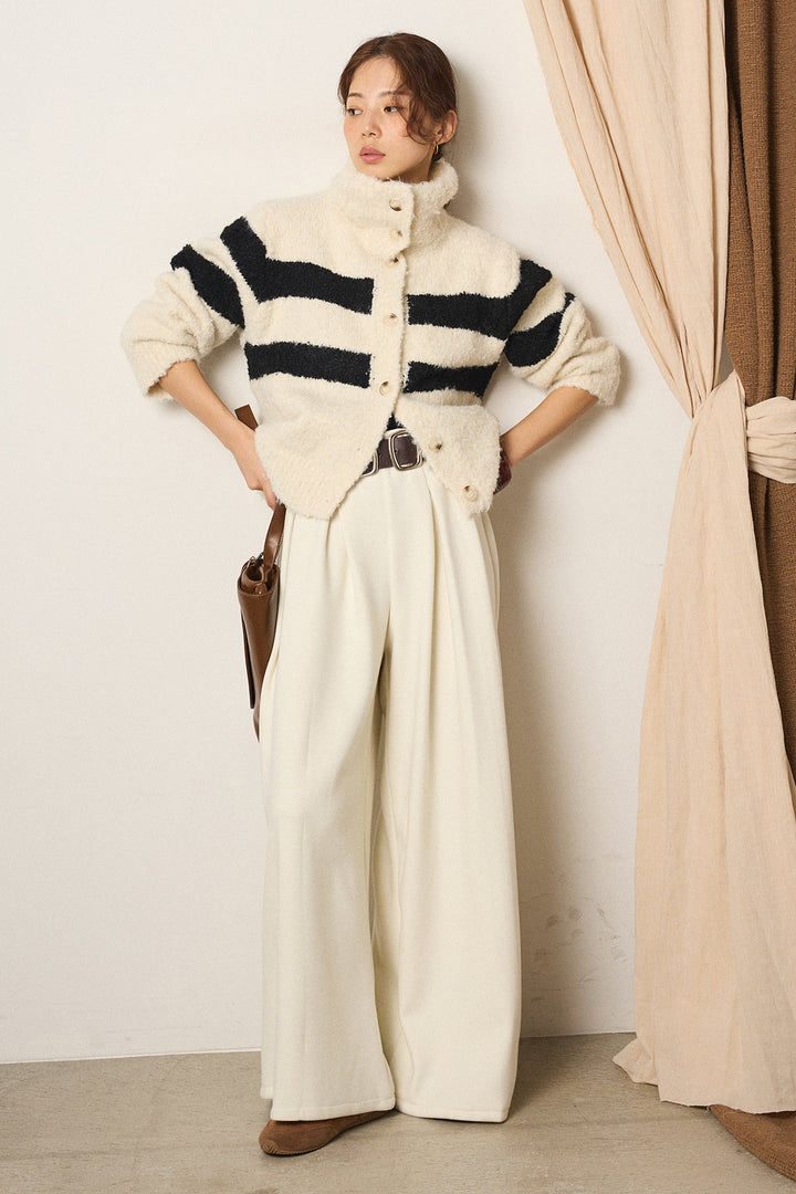 [SET]ハイネックボーダーニットカーディガン+フェイクレザー太ベルト付きタックワイドパンツ(2set)