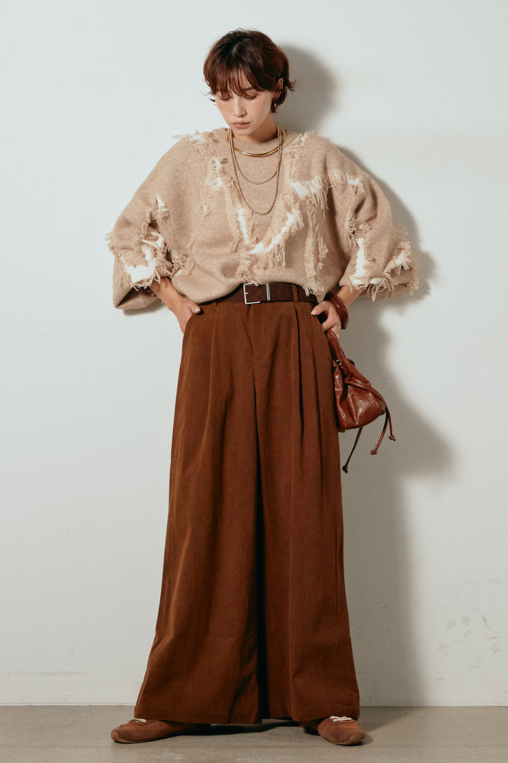 [SET]シャギージャガードニットトップス+太ベルト付きコーデュロイタックパンツ(2set)