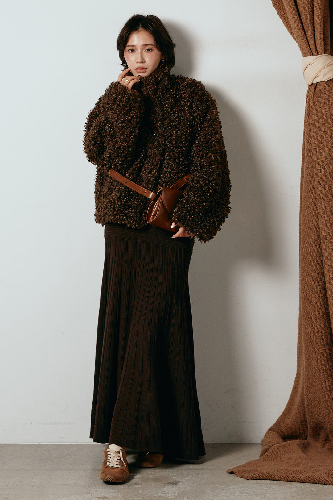 [SET]プードルファーミドルジャケット+編み地切り替えフレアニットスカート(2set)