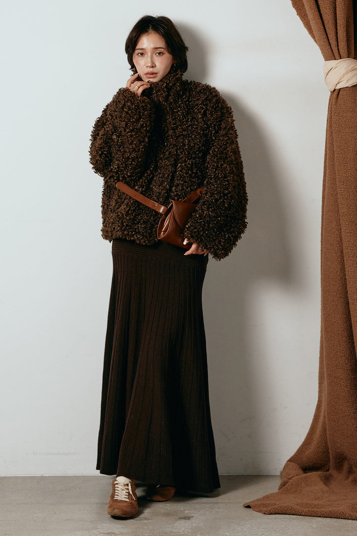 [SET]プードルファーミドルジャケット+編み地切り替えフレアニットスカート(2set)