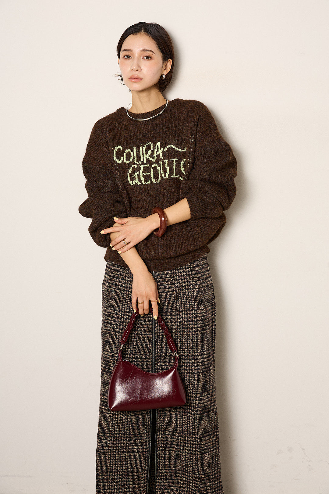 [SET]ロゴシャギーニットプルオーバー+グレンチェック柄フロントジップタイトスカート(2set)