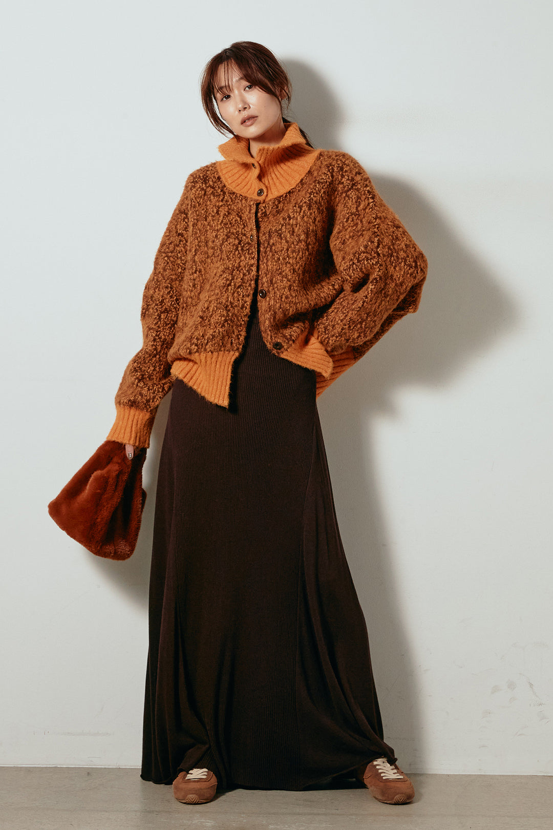 [SET]ハイネックミックスニットトップス+サイド切り替えリブニットロングスカート(2set)