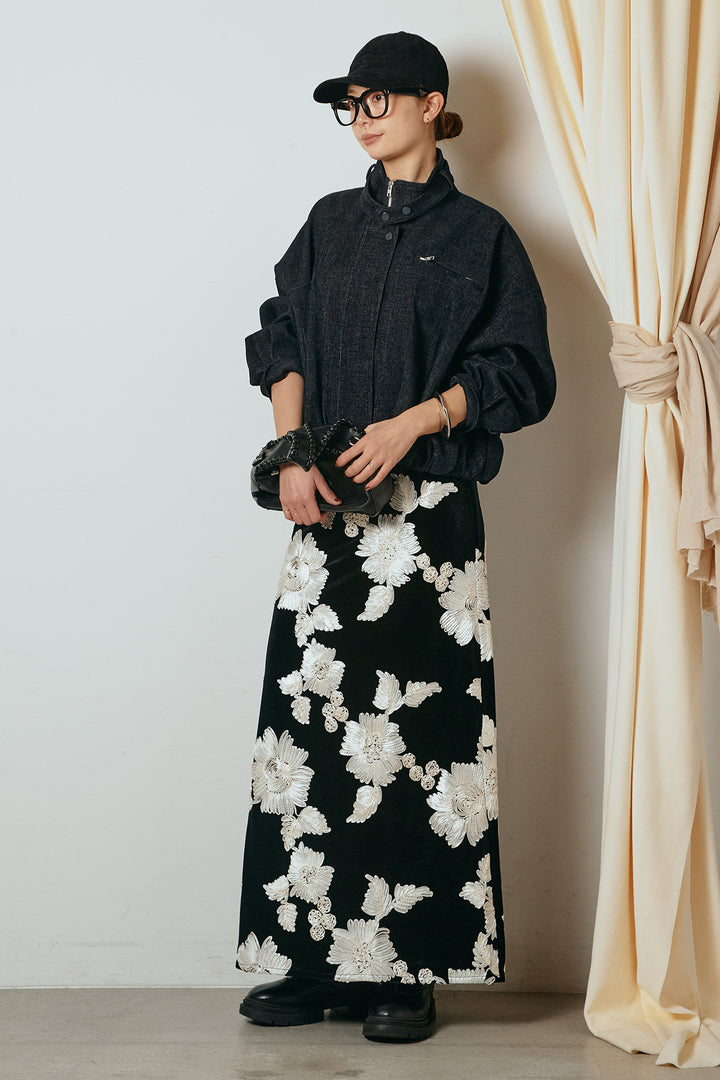 [SET]デニム調ハイネックブルゾン+フラワー刺繍ワイドスカート(2set)