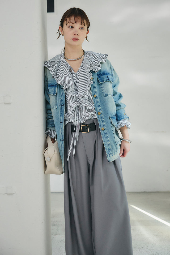 [SET]ノーカラーデニムポケットジャケット+コットンフリルブラウス+ベルト付きタックデザインハイウエストロングパンツ(3set)