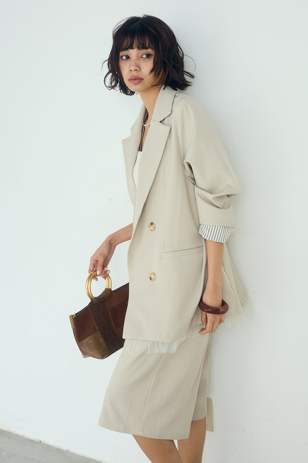 [SET]裾フリルダブルジャケット+ツイルタックハーフパンツ(2set)