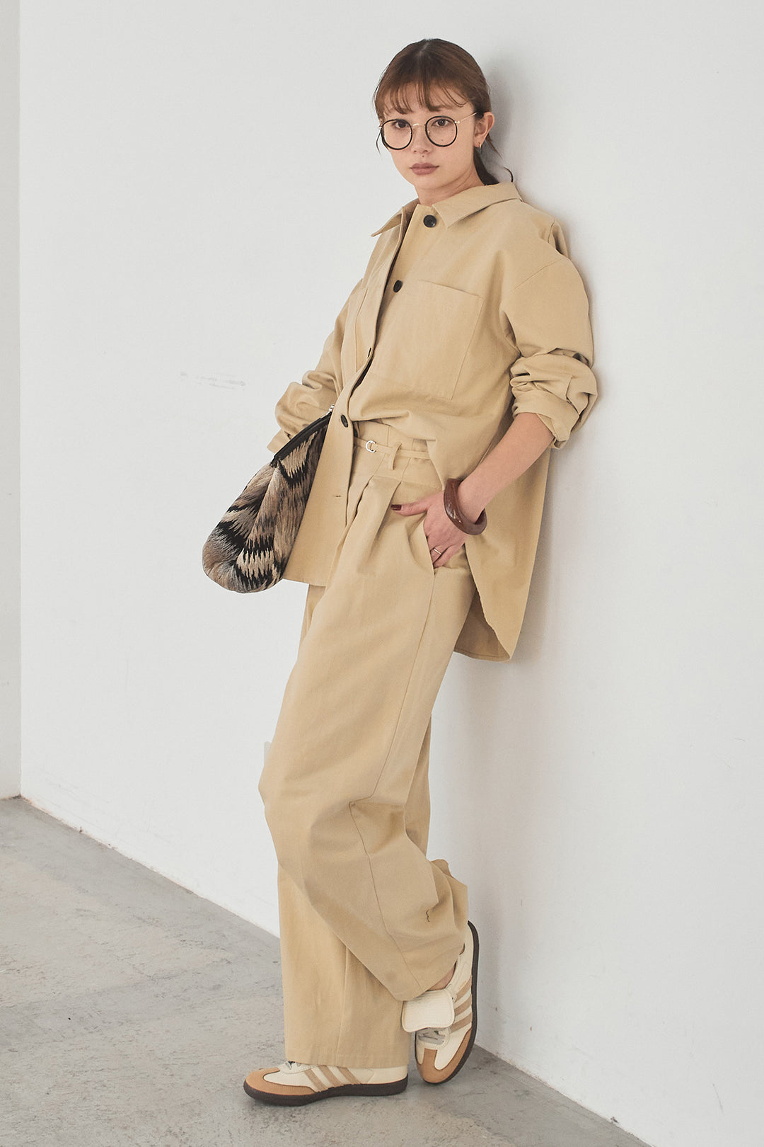 [SET]ツイルシャツジャケット+ツイルハイウエストタックパンツ(2set)