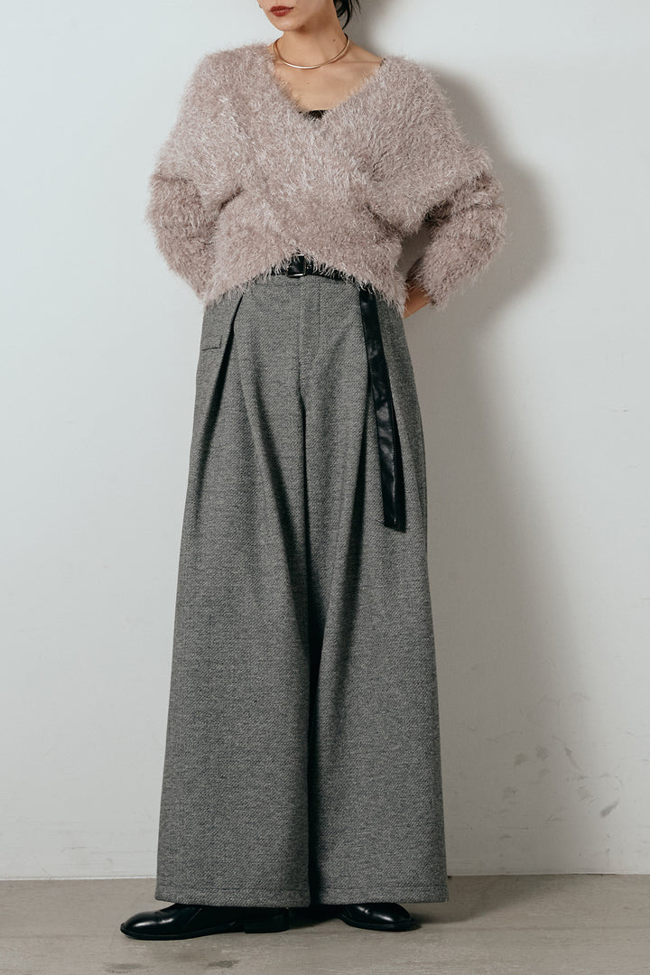 [SET]シャギークロスニットトップス+細ベルト付き起毛タックワイドパンツ(2set)