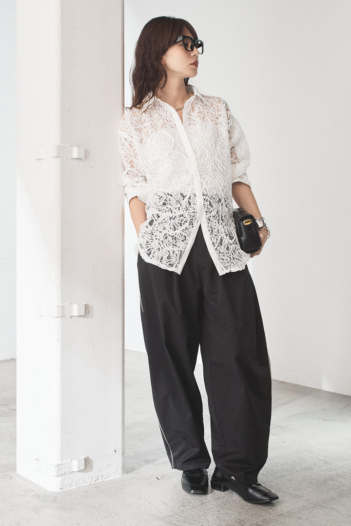 [SET]刺繍レースオーバーサイズシャツ+合繊ツイルパイピングタックカーブパンツ(2set)