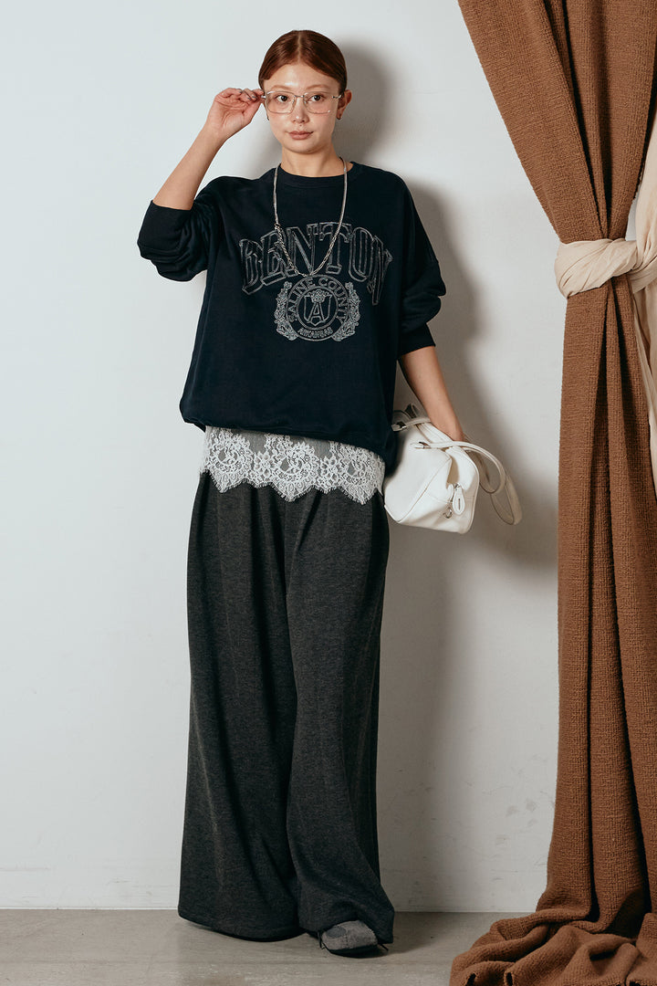 [SET]フロントロゴスウェットプルオーバー+フェイクレザー太ベルト付きタックワイドパンツ(2set)