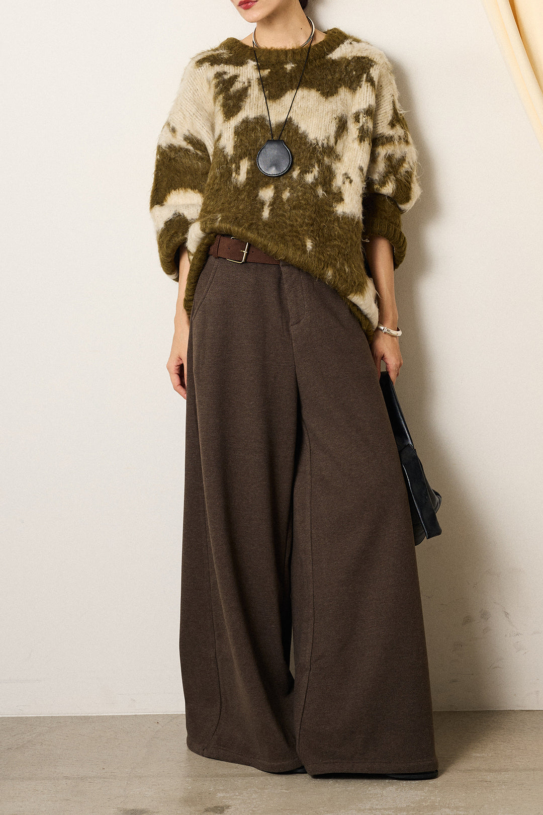 [SET]モヘアタッチマーブルニット+サイドベルトパンツ(2set)