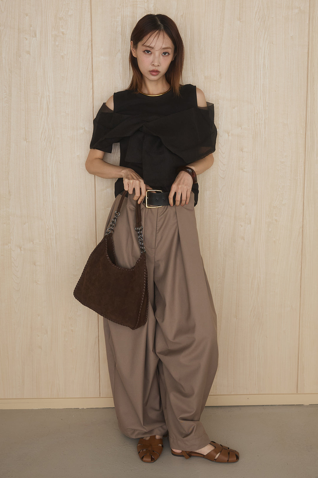 [SET]シアーレイヤーデザインカットソー+ベルトループワイドパンツ(2set)