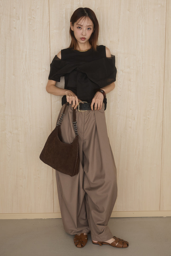 [SET]シアーレイヤーデザインカットソー+ベルトループワイドパンツ(2set)